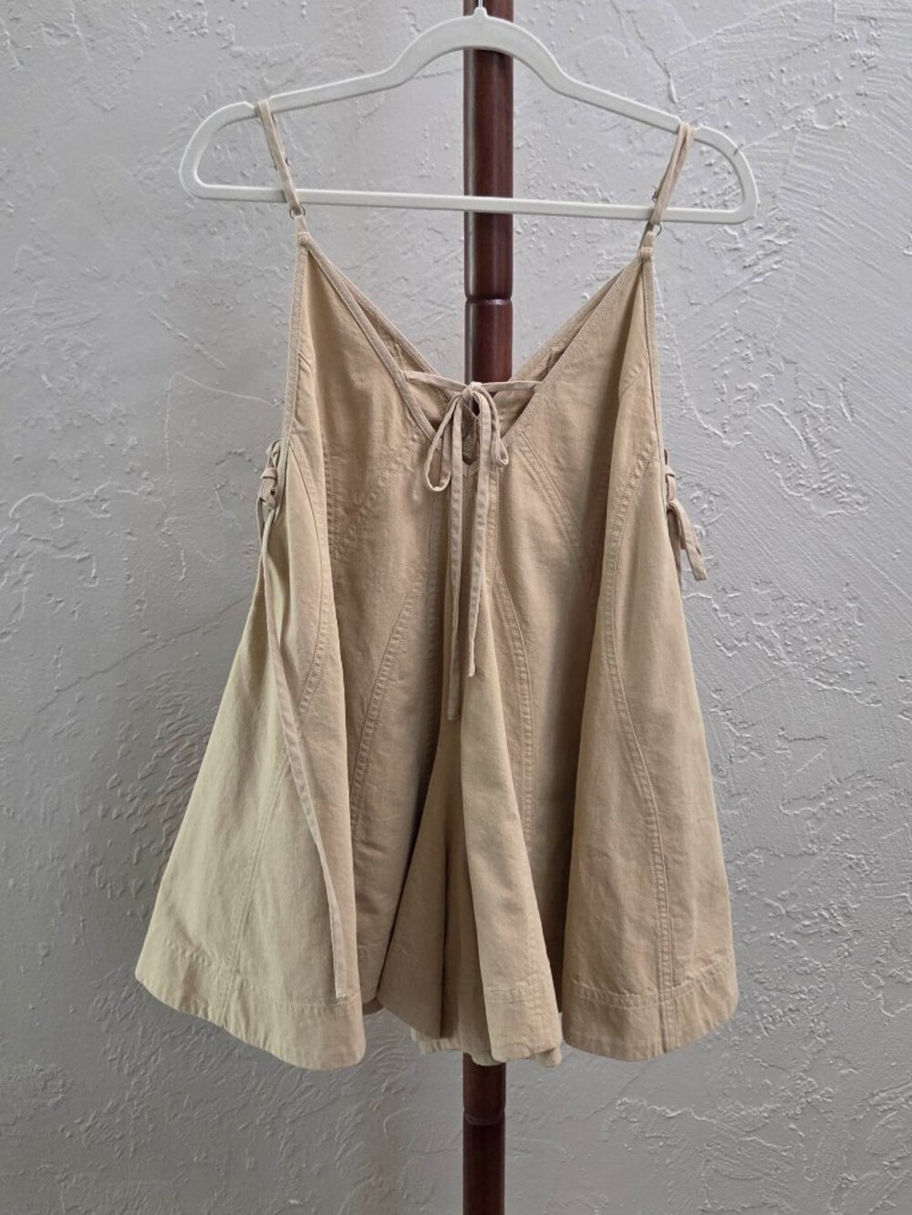 R77. Khaki Boho Lace-Up Flare Romper